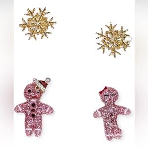 Betsey Johnson Christmas‎ Stud Earrings Mismatch Pink Gingerbread & Snowflakes